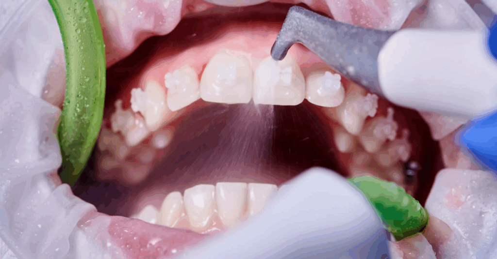 Close-up of a dental cleaning procedure on a child with braces using a water spray tool.
