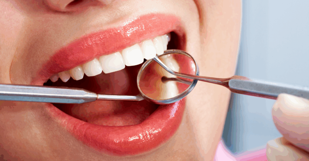 Close-up of a dental exam with mirror and probe tools checking clean, healthy teeth and gums.