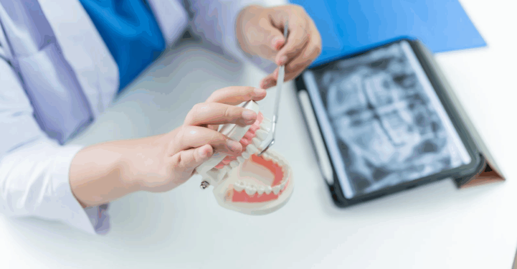 Dentist demonstrates proper oral care using a dental model, with an X-ray visible in the background.