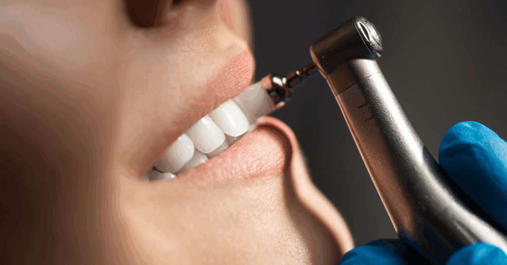 Close-up of a dental polishing tool being used on a patient’s bright white teeth during a professional cleaning.