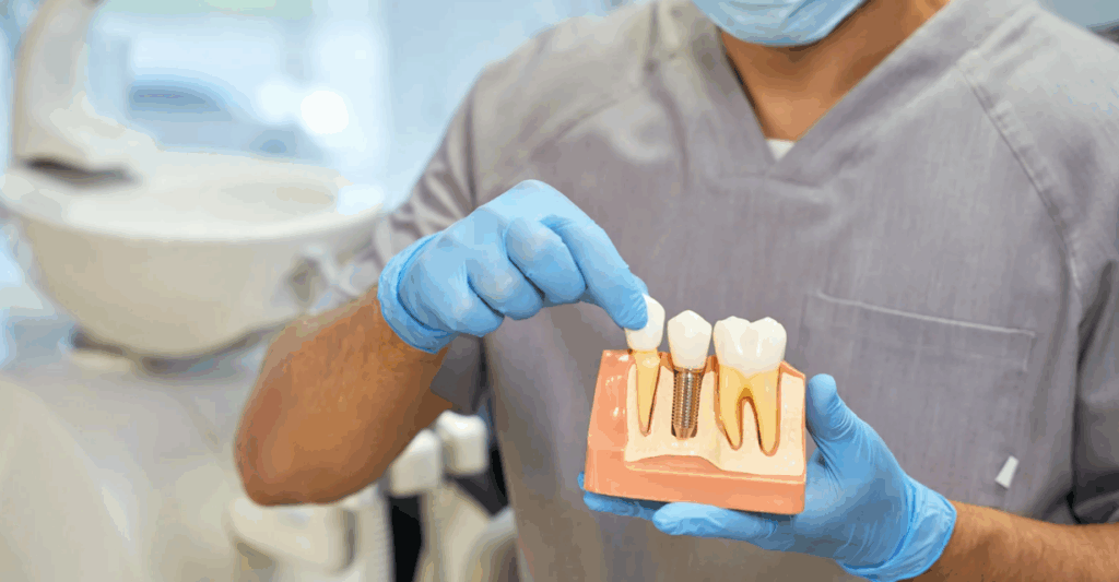 (Dental professional wearing gloves and a mask holding a model of teeth and pointing to a dental implant between two natural teeth.)