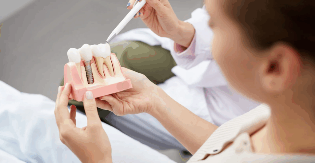 (Patient holding a dental model while a dentist explains the parts of a dental implant using a pen during a consultation.)