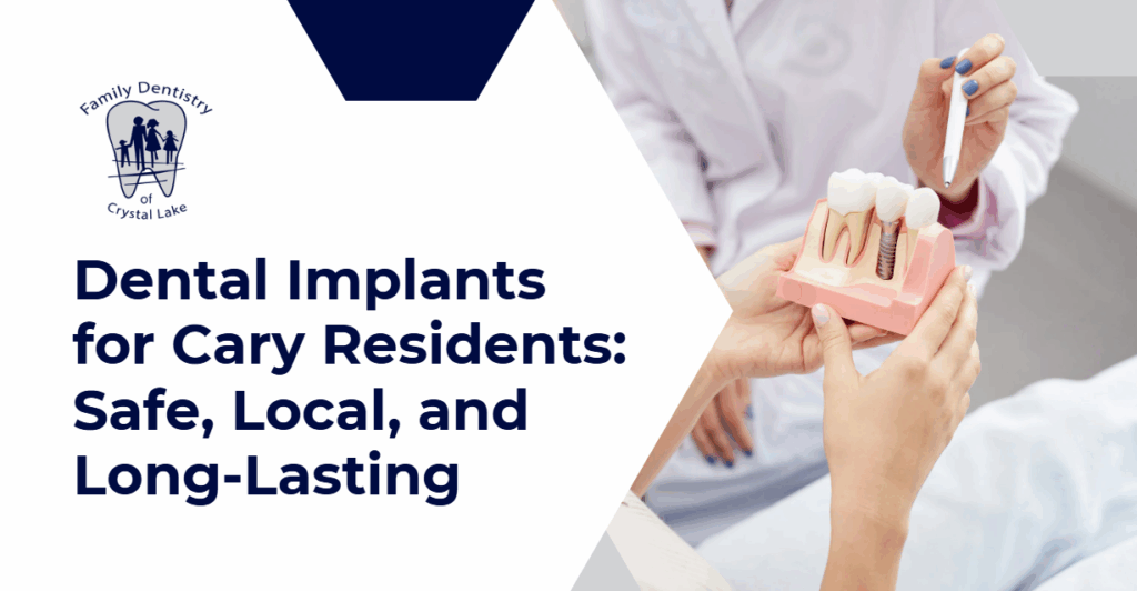 A dentist shows a dental implant model to a patient, explaining the procedure.