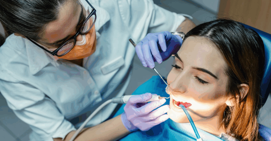 (A dentist performs a dental procedure on a female patient using precision tools, while the patient relaxes in the chair with a suction device in place.)